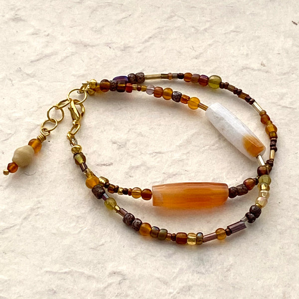 Double Strand of Mixed Crystal Gold Beads with Agate Bead Bracelet