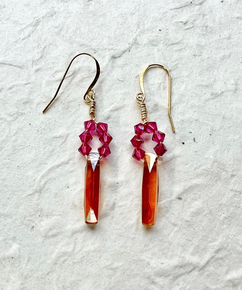 Amber and Raspberry Crystal Dangle Earrings