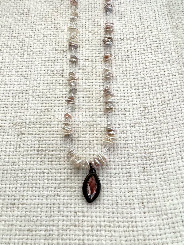 Keshi Pearl and Herkimer Diamond Necklace with Crystal Drop