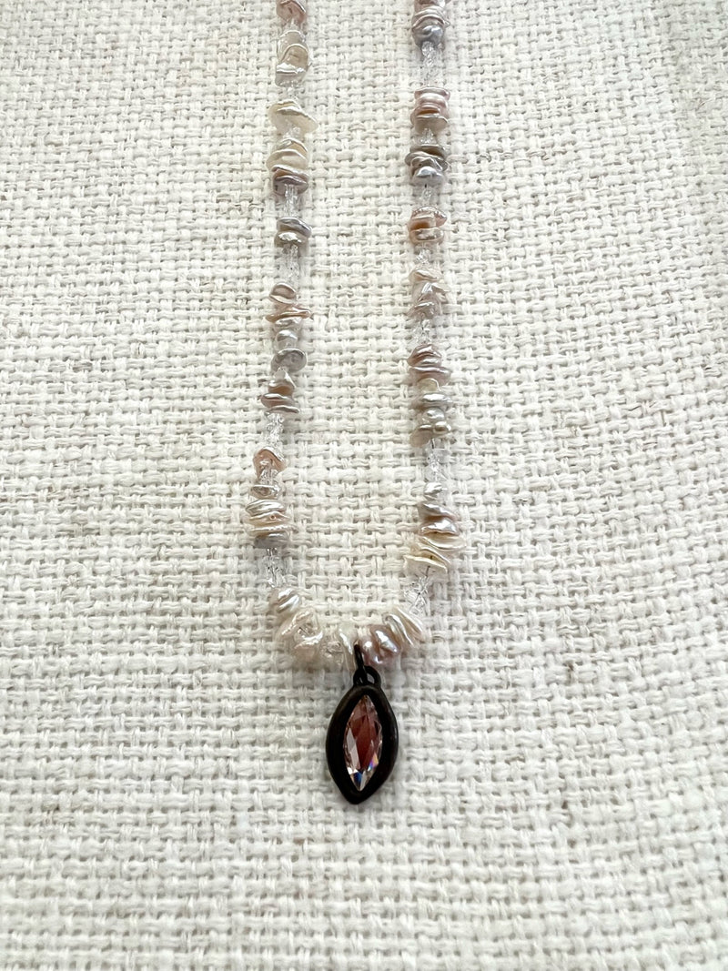 Keshi Pearl and Herkimer Diamond Necklace with Crystal Drop