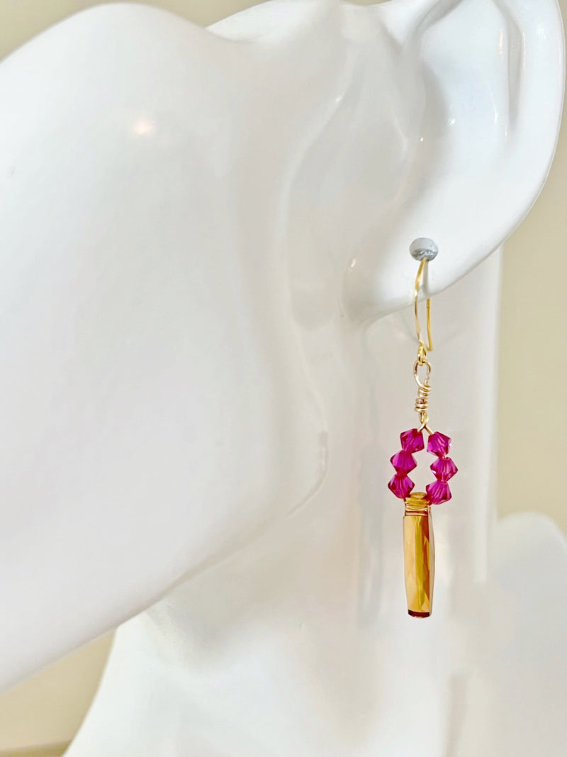 Amber and Raspberry Crystal Dangle Earrings