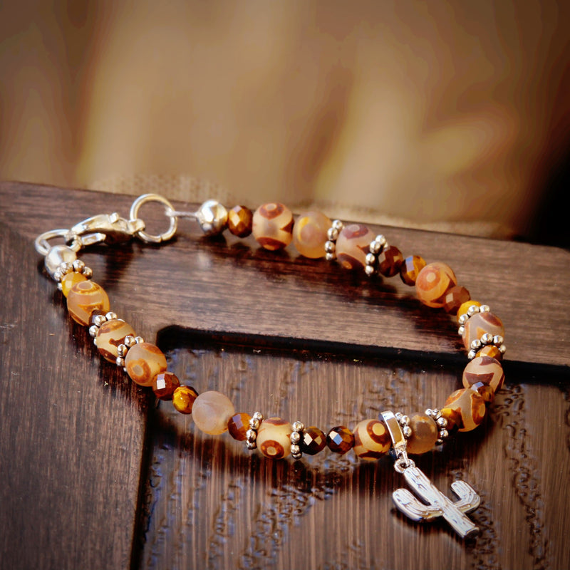 Agate Bead and Faceted Tiger Eye Bracelet with Abalone Charm