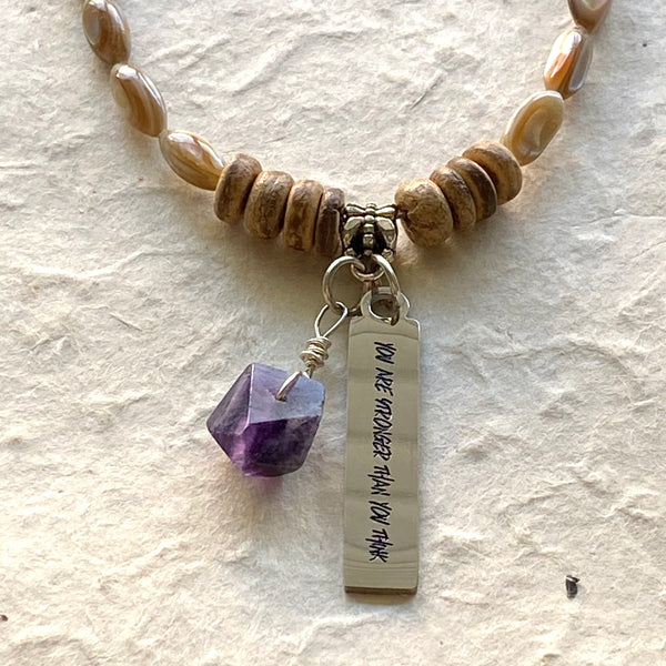 Mother of Pearl Beaded Necklace & Fluorite Stone with Stamped Charm