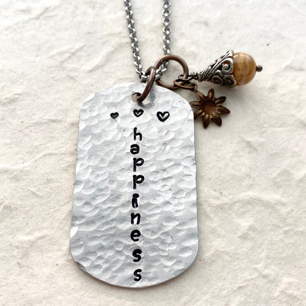 Happiness Hand Stamped Necklace on Stainless Chain