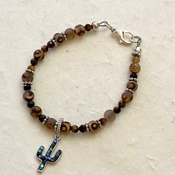 Agate Bead and Faceted Tiger Eye Bracelet with Abalone Charm