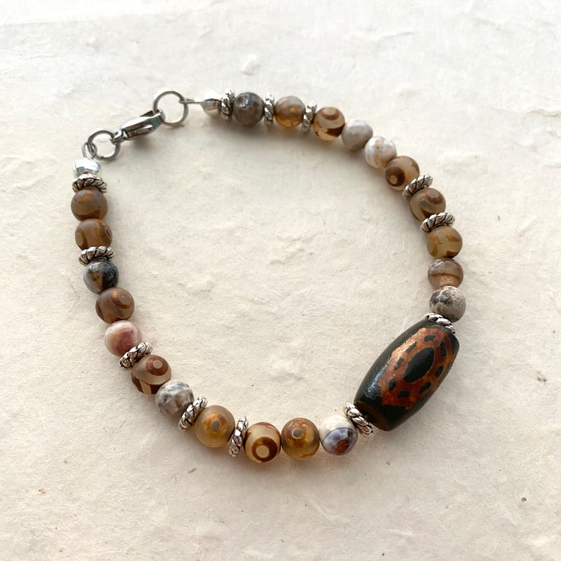 Agate Mixed Beaded Bracelet with Wood Focal Bead