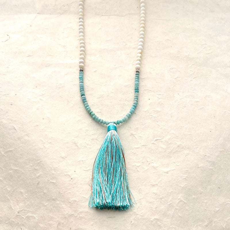 Amazonite and White Agate Tassel Necklace