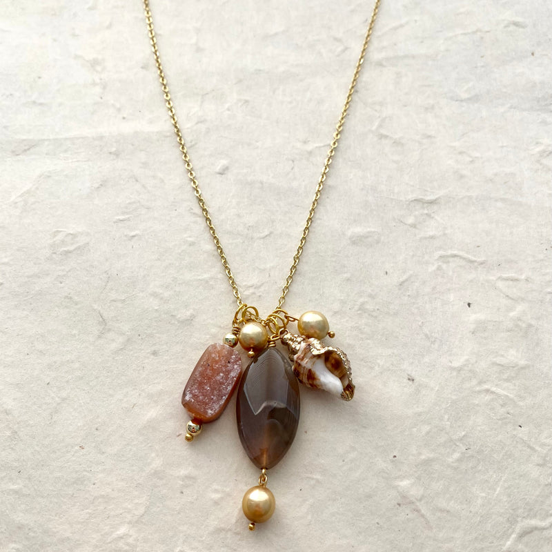 Assortment of Stones and Shell with Golden Pearls on Chain