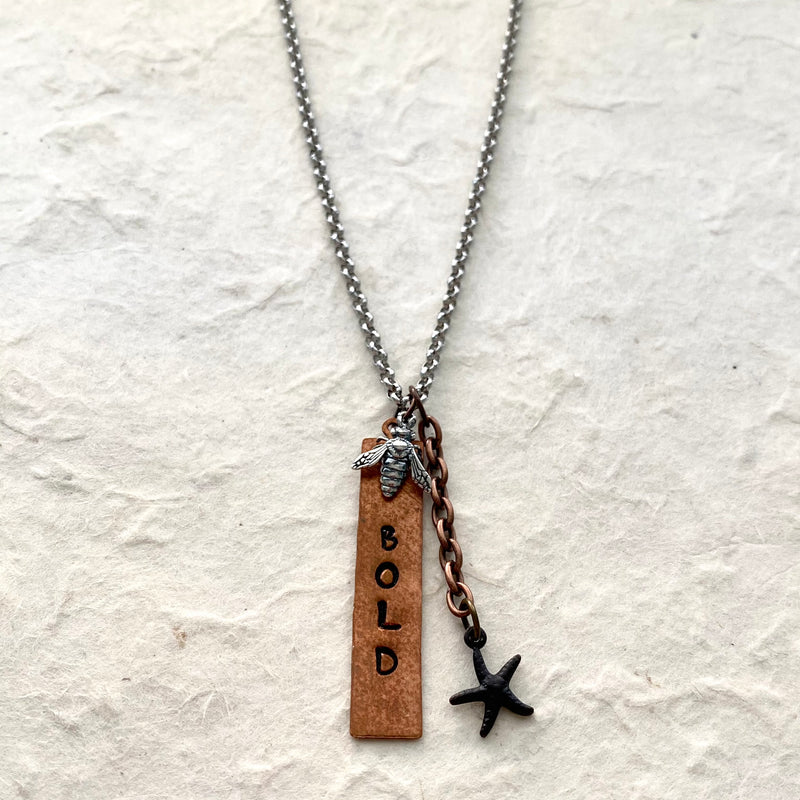 Bee Bold Hand Stamped Copper Charm on Chain