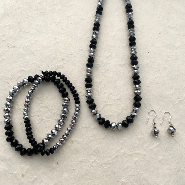 Black and Silver Crystal Necklace, Stretch Bracelet and Earring Set