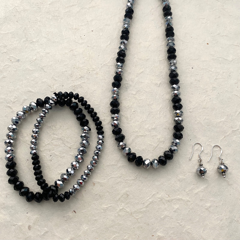Black and Silver Crystal Necklace, Stretch Bracelet and Earring Set