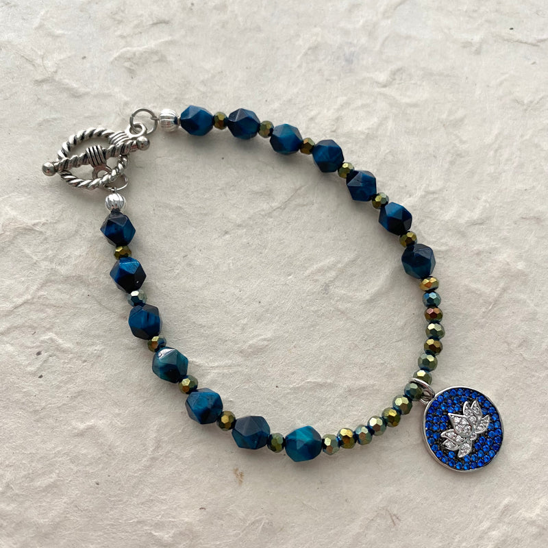 Blue Tiger Eye and Crystal Beads with CZ Lotus Charm