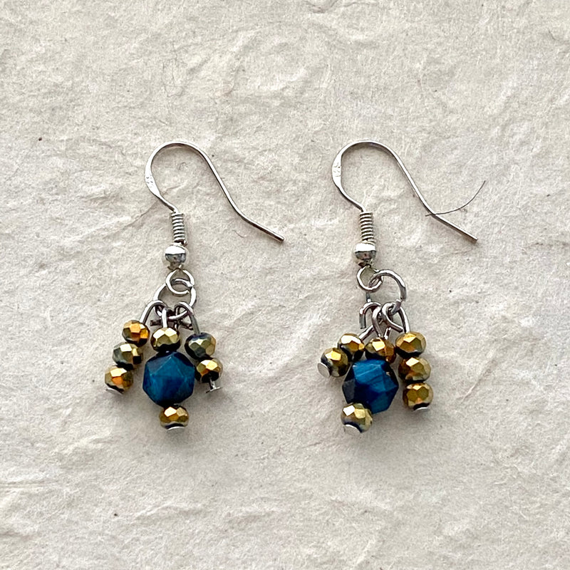 Blue Tiger Eye with Gold Glass Bead Earrings
