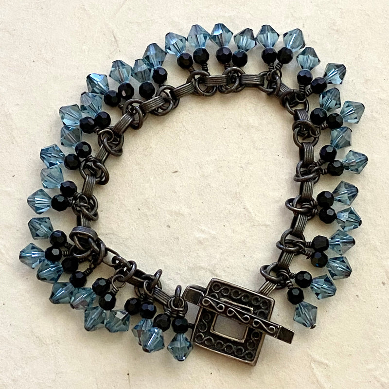 Blue and Black Crystal Dangles on Oxidized Bracelet Chain