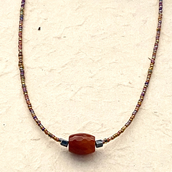 Caramel Colored Agate Accent on Petite Glass Beaded Necklace