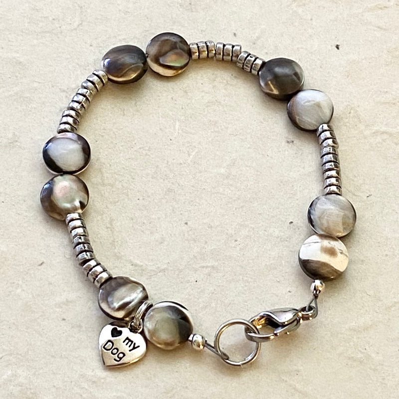 Coin Shaped Mother of Pearl Beaded Bracelet with Dog Charm