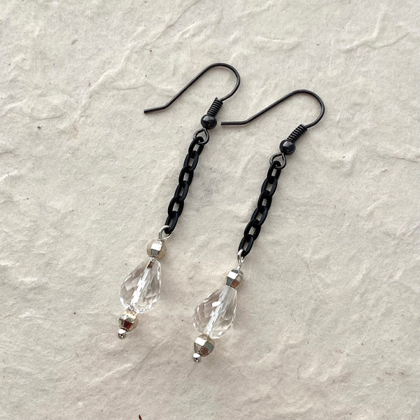 Crystal Quartz Bead on Black Chain Earrings