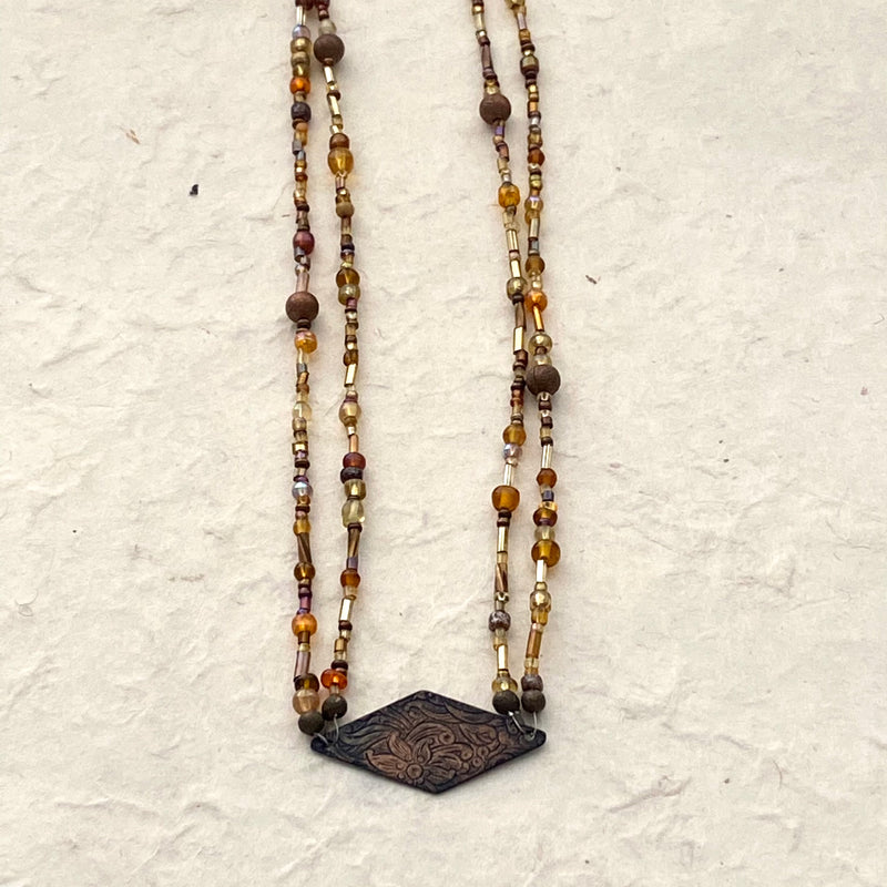 Double Strand Gold Beaded Necklace with Copper Focal Charm