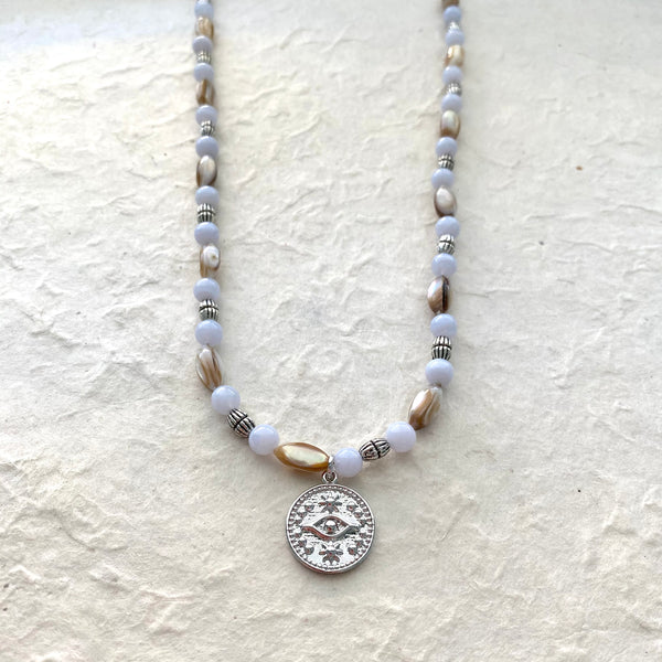Evil Eye Charm Necklace with Lavender Lace Agate with MOP Beads