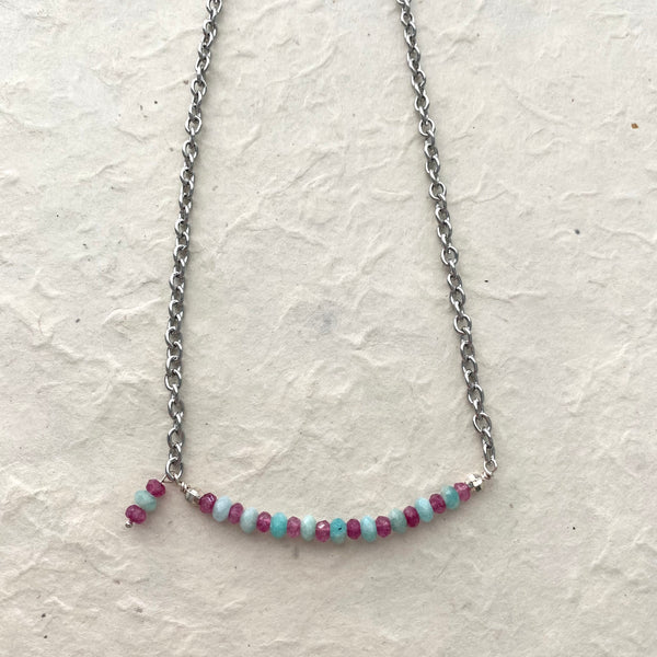 Faceted Amazonite and Fuchsia Jade Beads on Stainless Chain