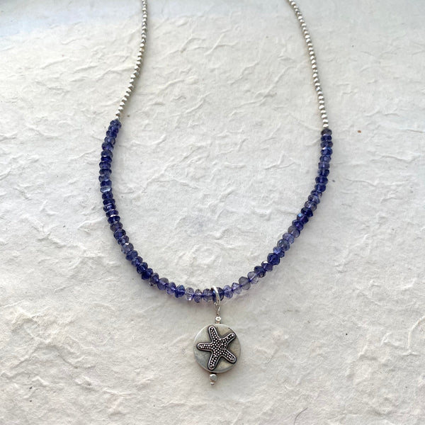 Faceted Amethyst with Sterling Silver Beads and Sterling Silver Starfish Charm Necklace