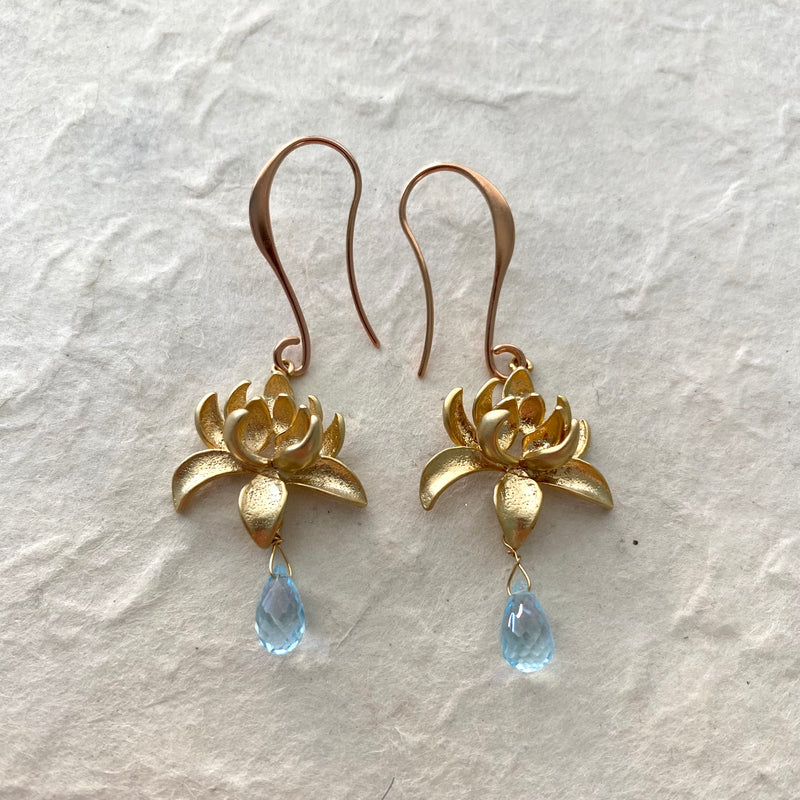 Faceted Blue Topaz Drops with Gold Vermeil Lotus Flower Earrings