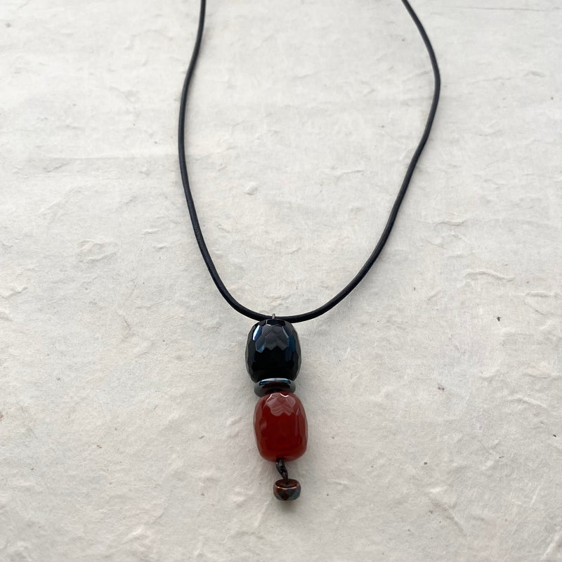 Faceted Carnelian and Agate Pendant on Leather Cord