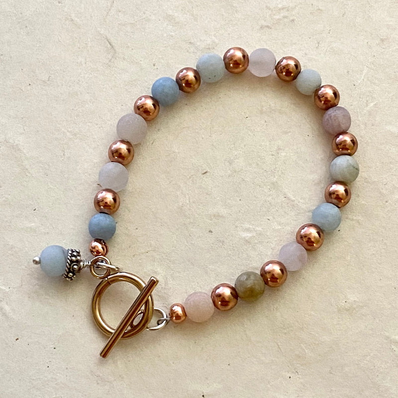 Frosted Peach and Pink Morganite with Blue Aquamarine Beaded Bracelet