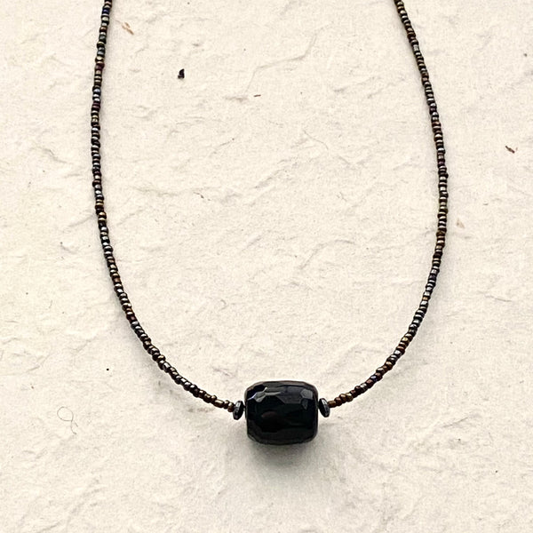 Black Agate Accent Necklace with Glass Beads