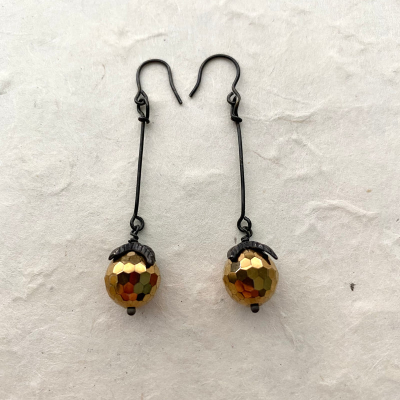 Gold Faceted Crystal with Oxidized Flower Cap Earrings