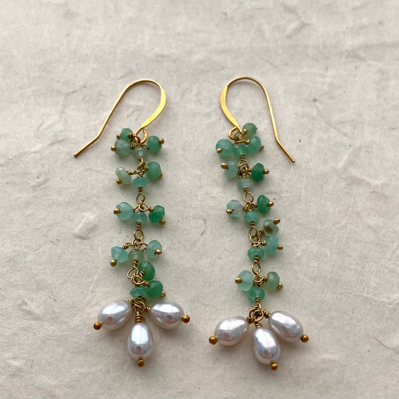 Green Aventurine Beads with Cluster of Pearls Earrings