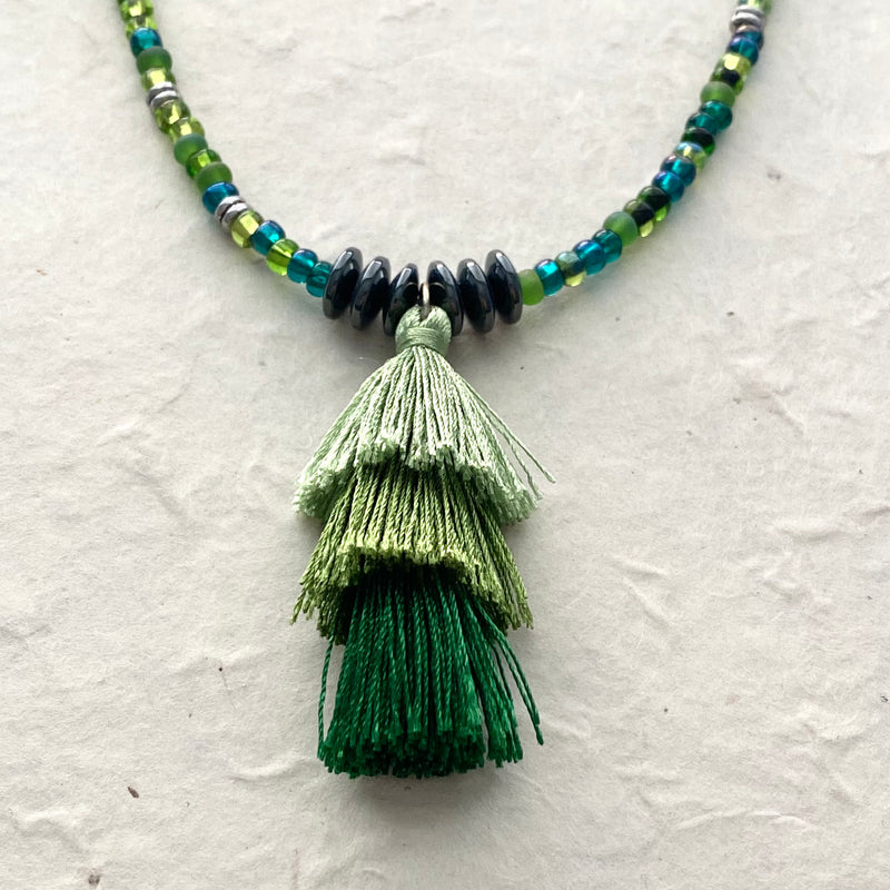 Green Glass Beaded Necklace with Green Tassel