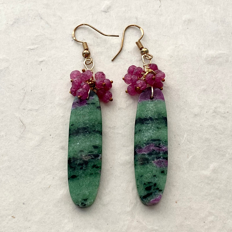 Green Jasper with Pink Veining and Faceted Pink Jade Dangle Earrings