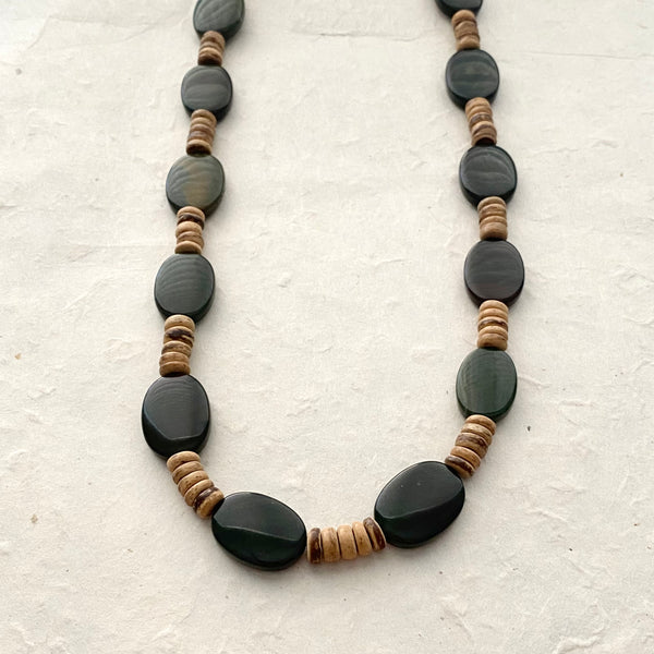 Green Jasper with Wood Bead Accent Necklace