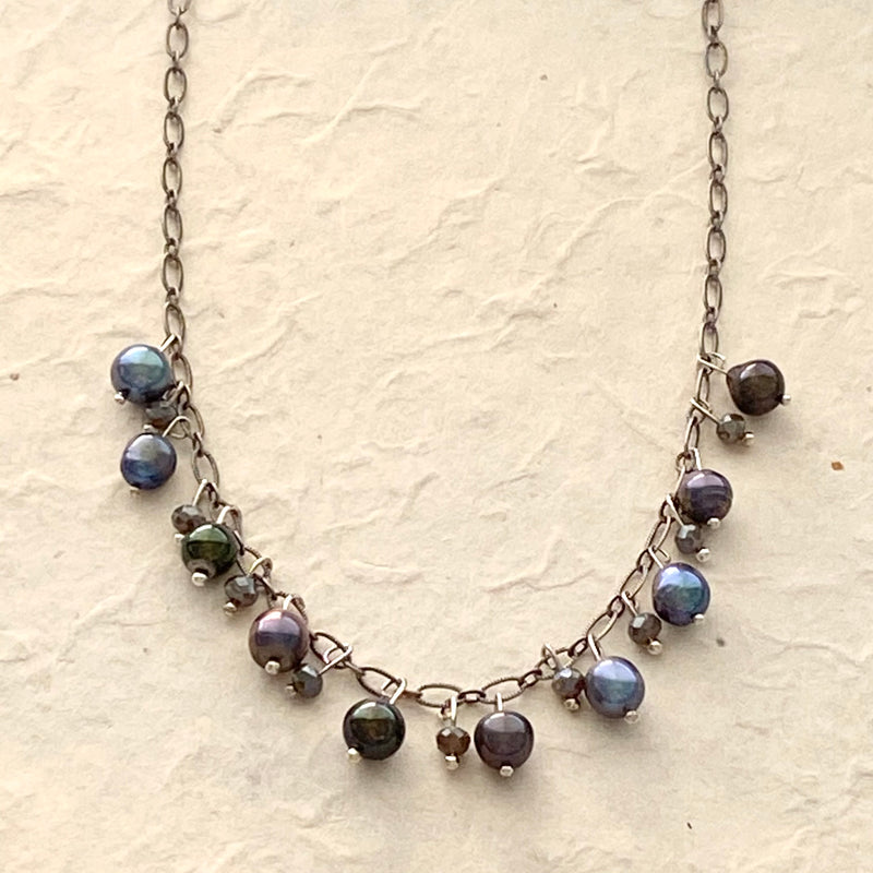 Gray Chain with Peacock Colored Pearl Necklace