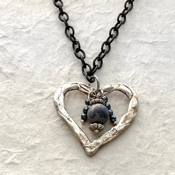 Silver Heart Pendant with Druzy Charm on Rustic Chain Necklace