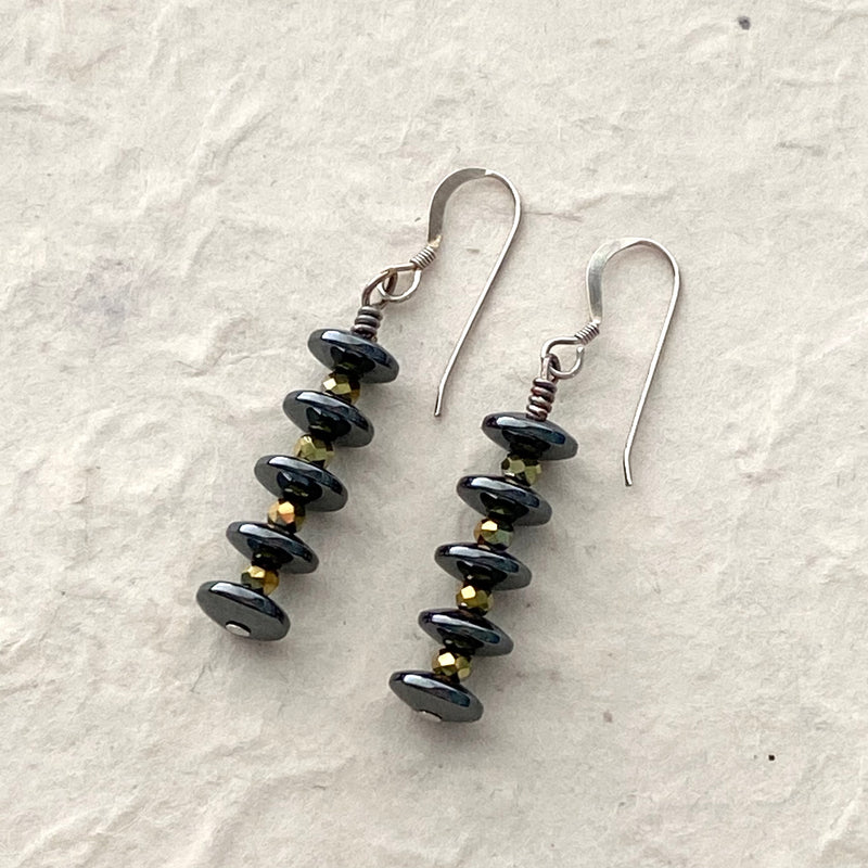 Hematite Discs and Gold Faceted Bead Earrings
