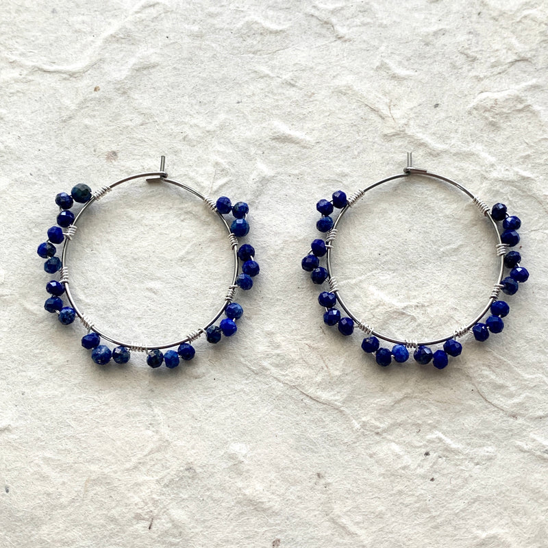 Faceted Lapis Wrapped Earring Hoops
