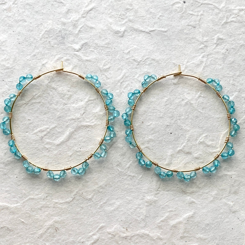 Large Blue Topaz Wire Gold Hoops