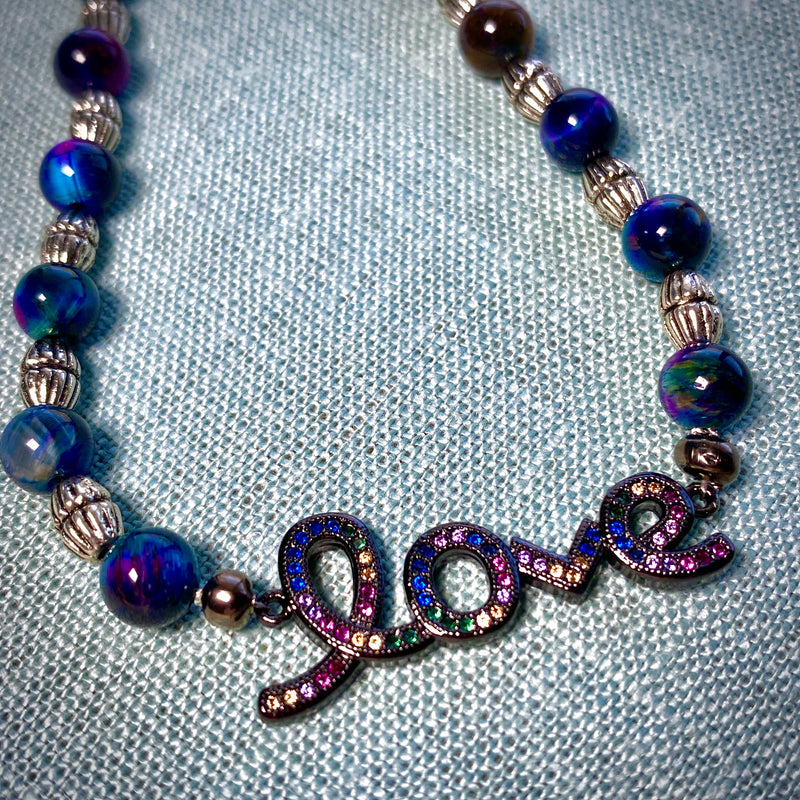 Rainbow CZ Love Charm Necklace with Tiger Eye Beads