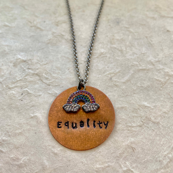 Hand Stamped Equality Necklace with CZ Rainbow Charm