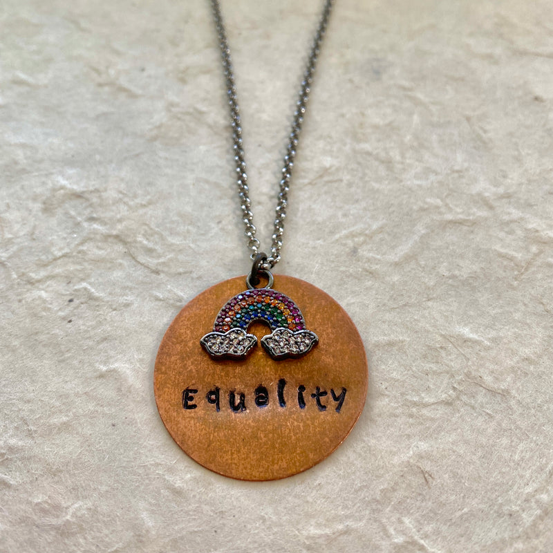 Hand Stamped Equality Necklace with CZ Rainbow Charm