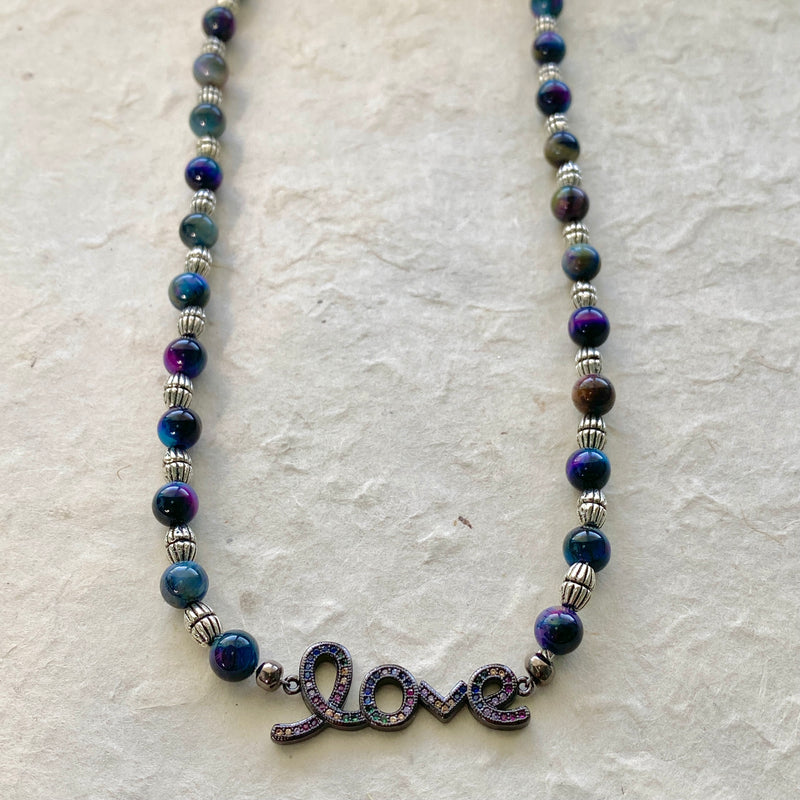 Rainbow CZ Love Charm Necklace with Tiger Eye Beads