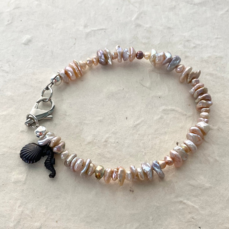 Keshi Pearl Bracelet with Seahorse and Seashell Charm Bracelet