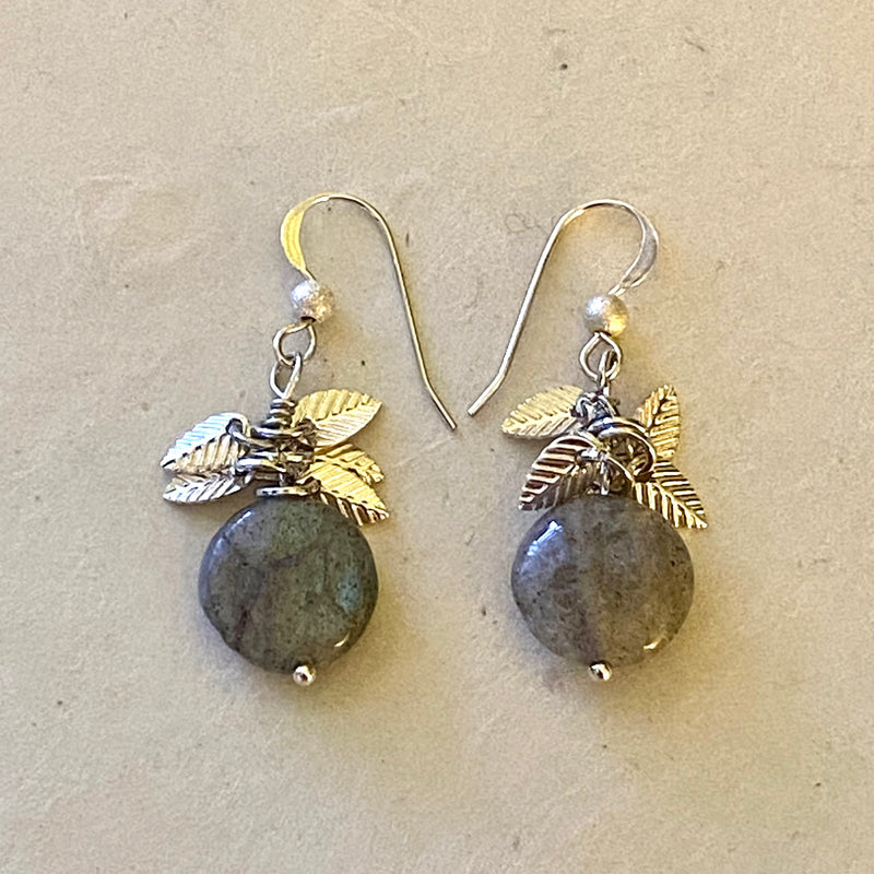 Labradorite Dangle Earrings with Silver Leaf Fringe