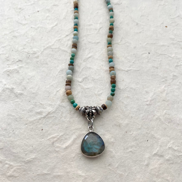 Turquoise and Amazonite Beaded Necklace with Labradorite Pendant