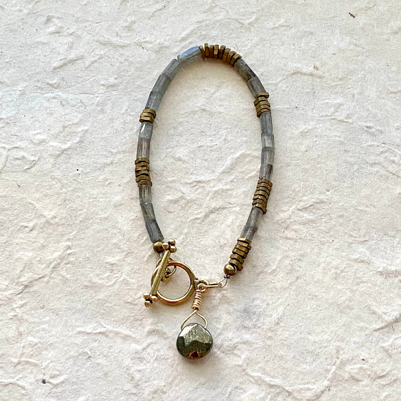 Labradorite & Brass with Pyrite Charm Bracelet
