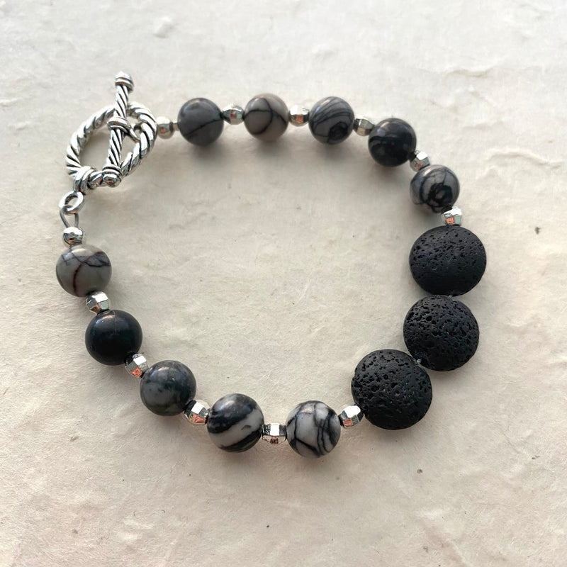 Lava Disc Beads with Web Jasper Bead Bracelet