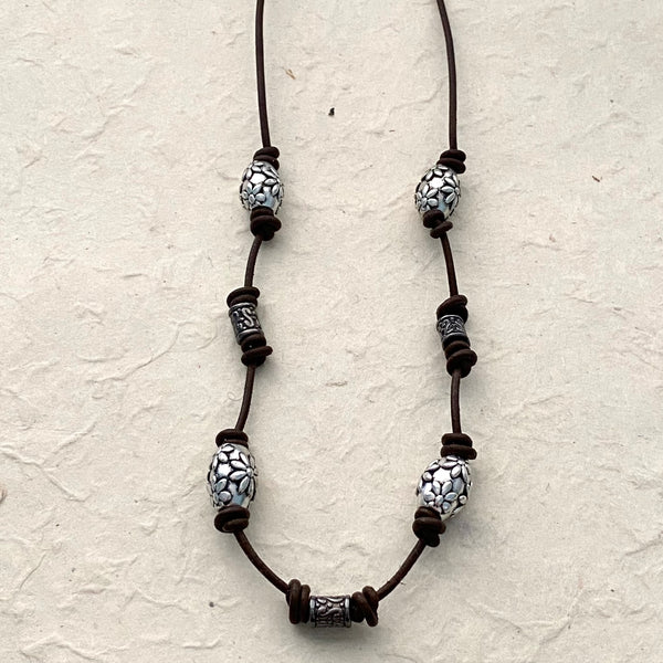 Leather Necklace with Silver Flower Beads