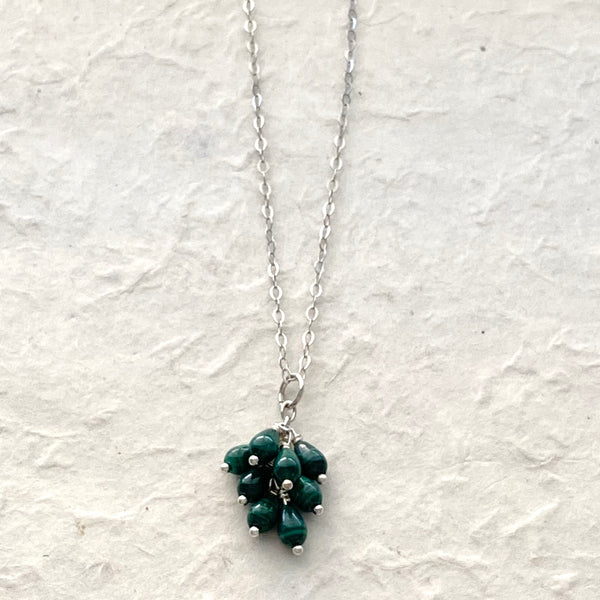 Malachite Cluster Drop Pendant Necklace on Sterling Silver Chain